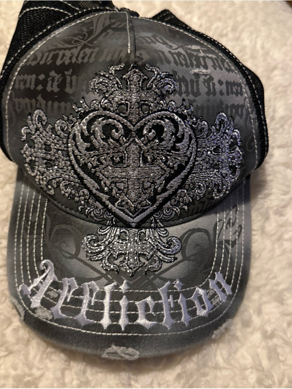 Affliction Black Embroidered Gothic Heart Trucker Hat